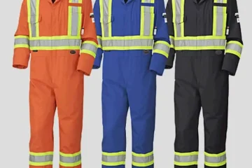High-visibility reflective safety coveralls in orange, blue, and black
