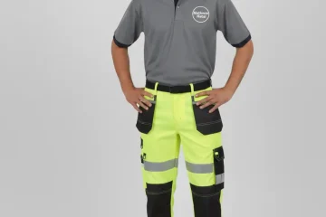 High-visibility neon yellow and black cargo work trousers and safety pants