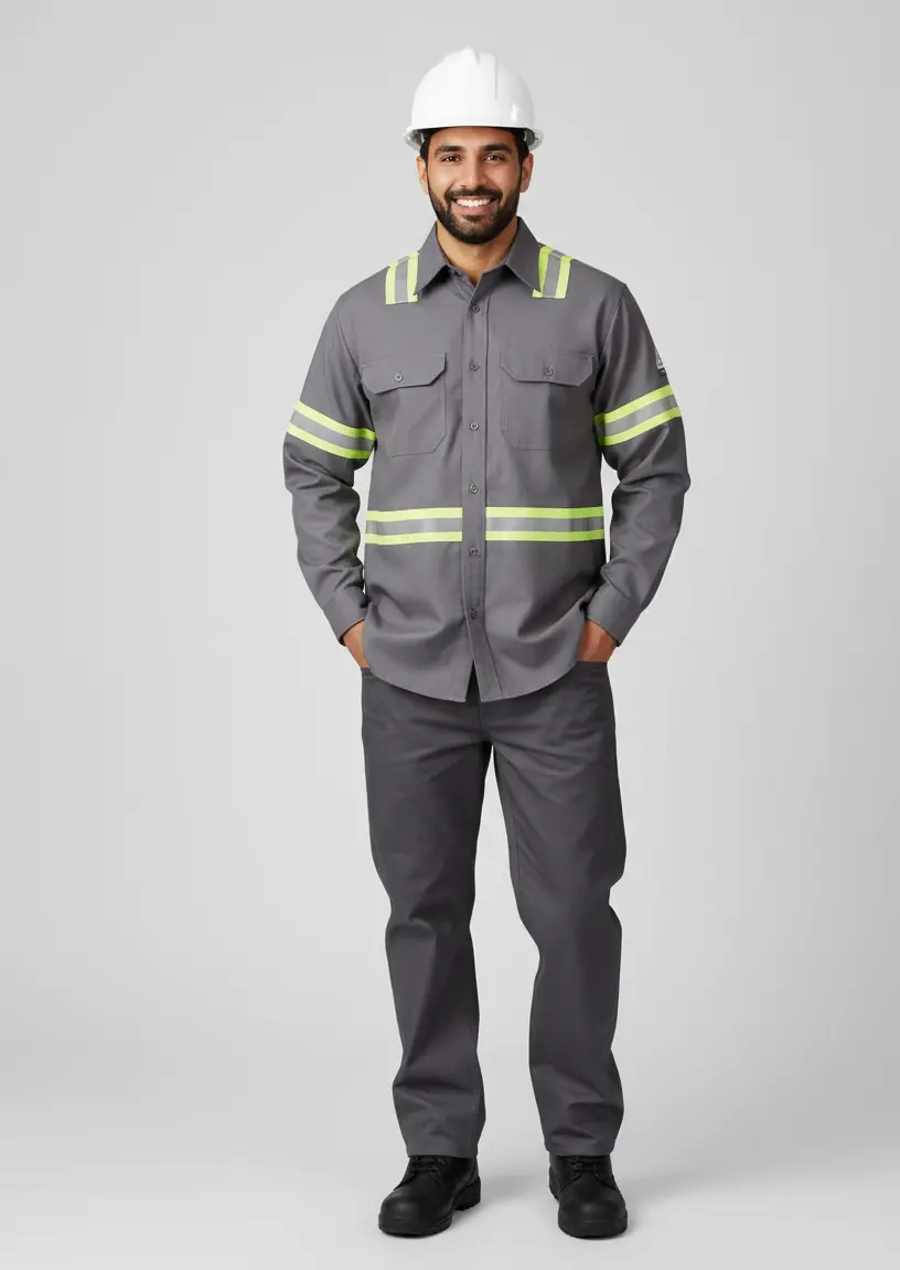 Grey reflective safety work shirt and trousers full set