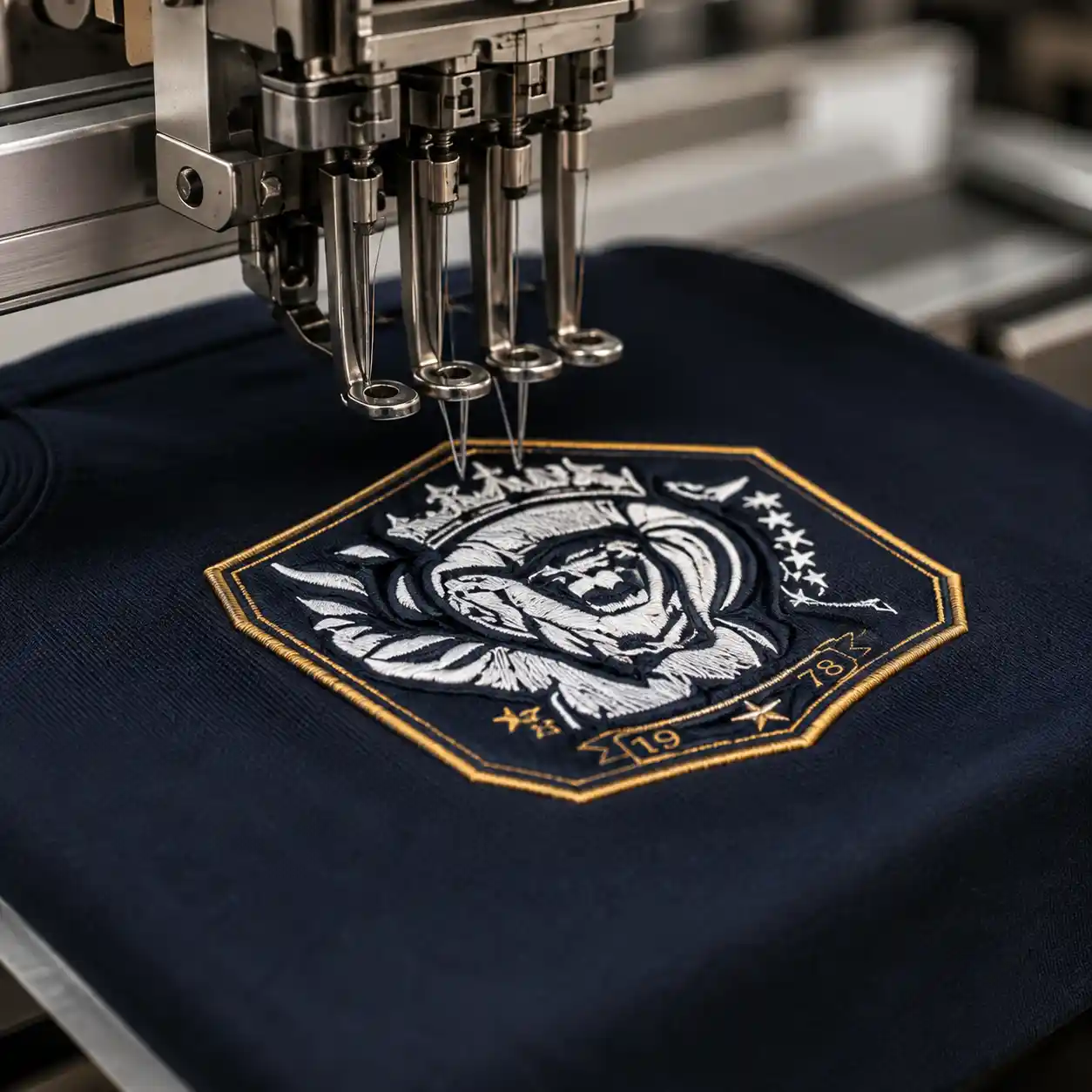 Industrial embroidery machine stitching a custom logo patch on a dark uniform fabric