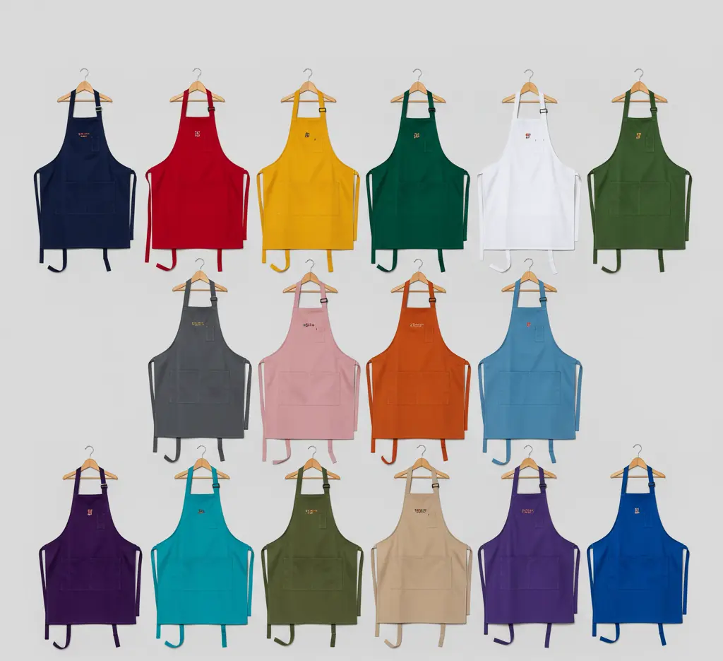 Assortment of colorful bib aprons hanging on hangers in multiple colors for restaurants and cafes