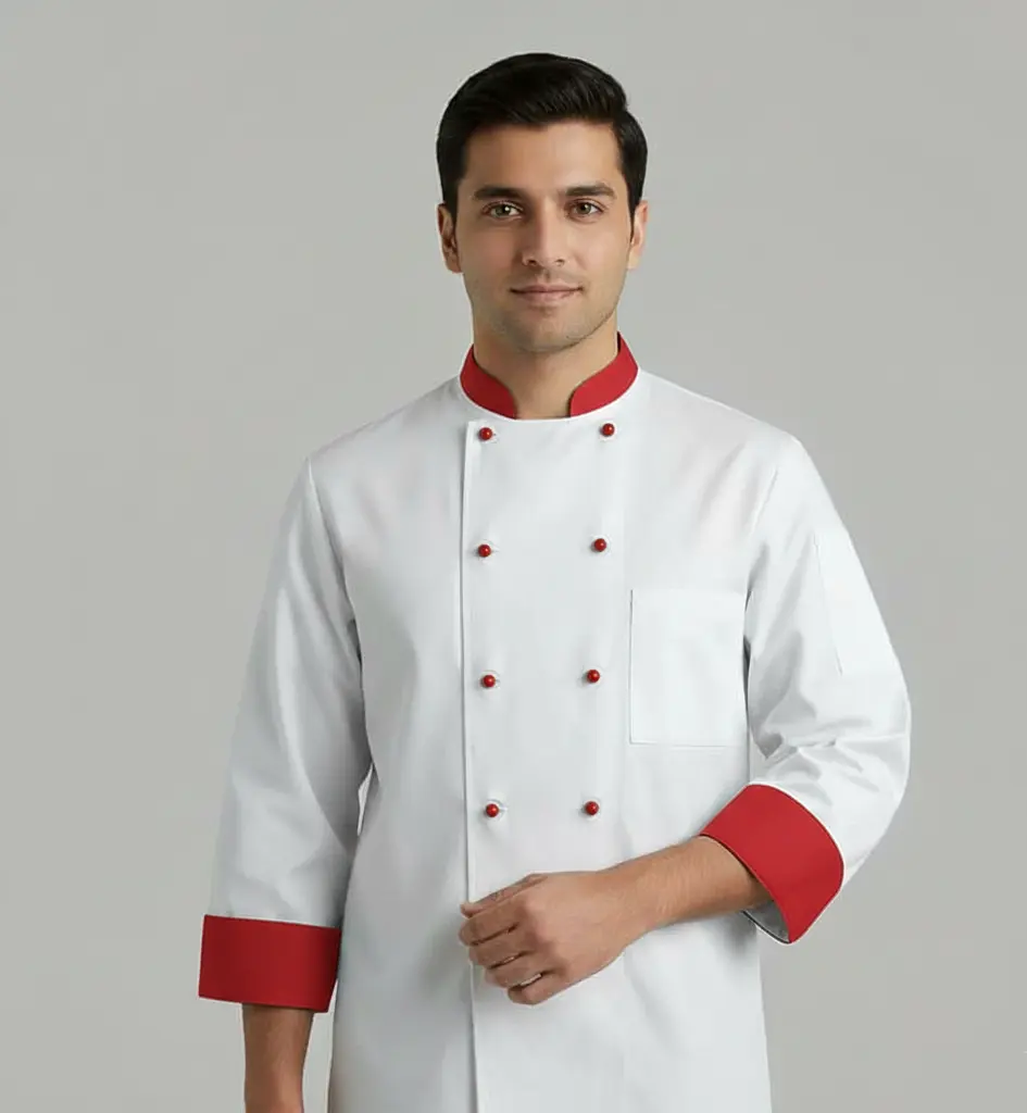 Male chef wearing a white and red professional chef jacket with contrasting cuffs and buttons