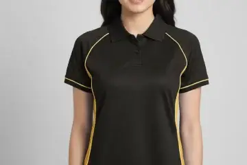 Women's black athletic raglan polo shirt with yellow piping